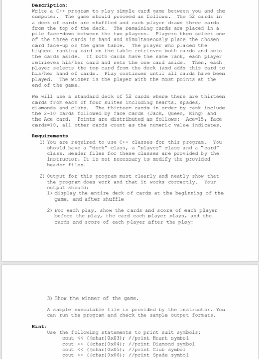 Solved Description: Write a C++ program to play simple card | Chegg.com