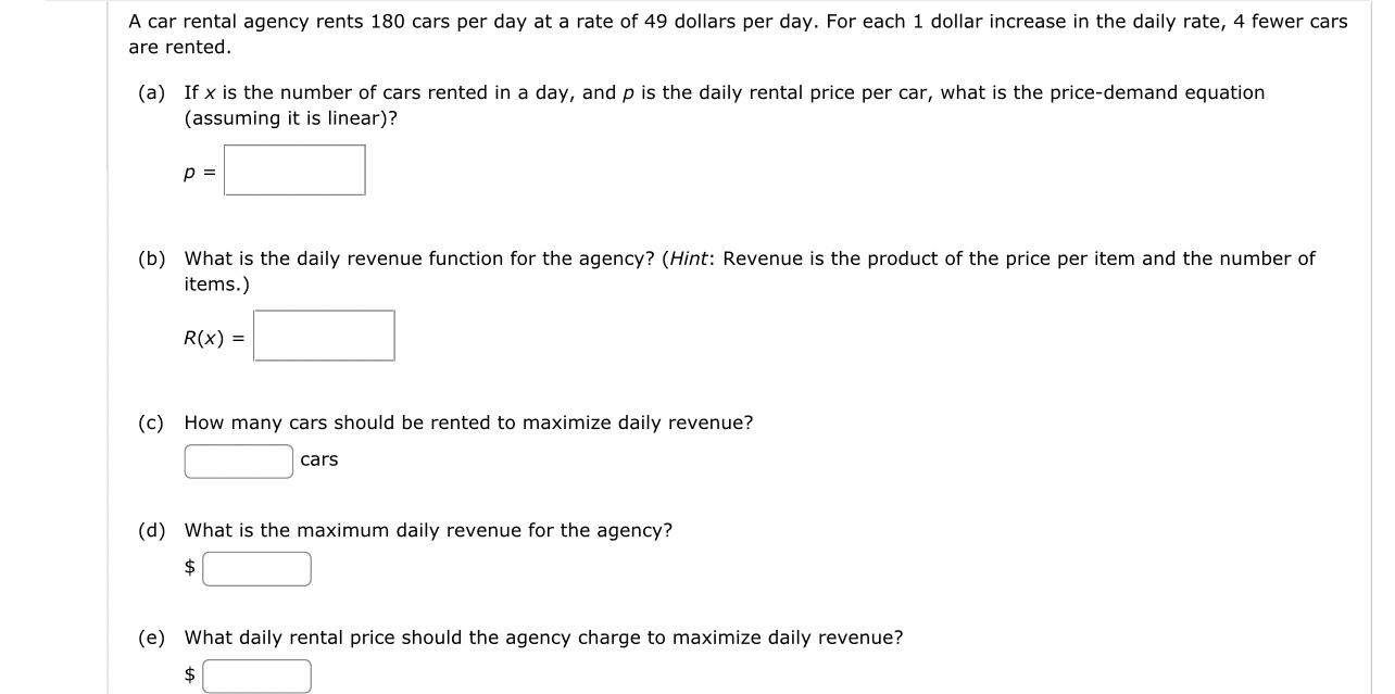 Solved A car rental agency rents 180 ﻿cars per day at a rate