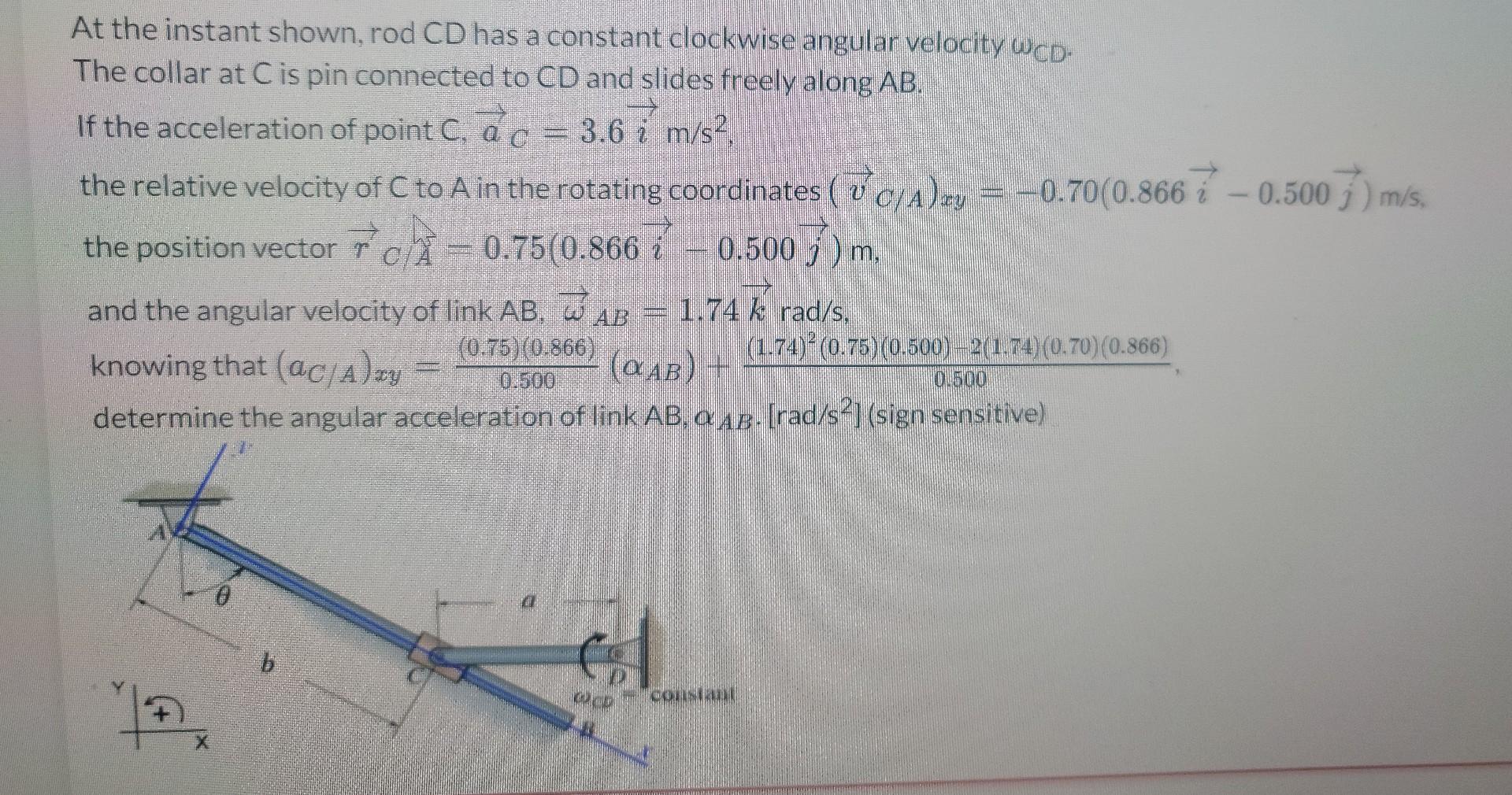 Solved At the instant shown, rod CD has a constant clockwise | Chegg.com