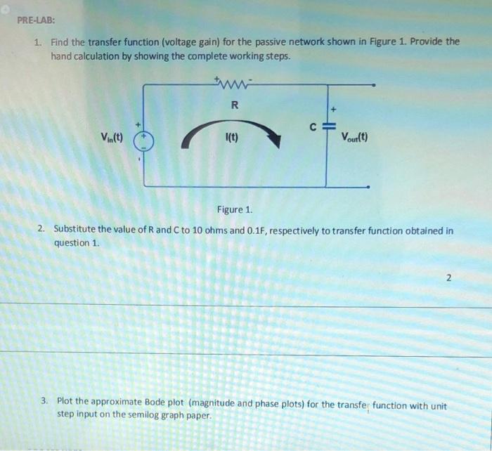 Solved PRE-LAB: 1. Find the transfer function (voltage gain) | Chegg.com
