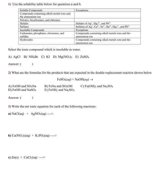 Solved 1) Use the solubility table below for questions a and | Chegg.com