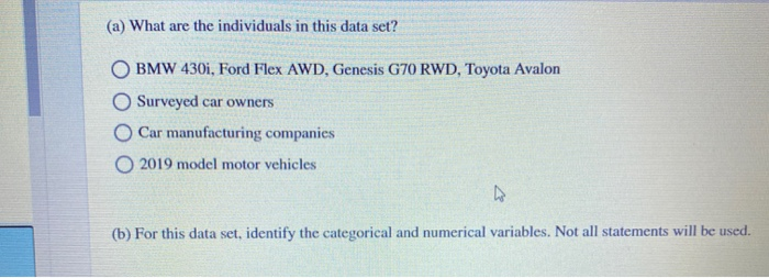 Solved (a) What are the individuals in this data set? BMW | Chegg.com