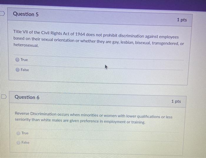 Solved Question 5 1 pts Title VII of the Civil Rights Act of | Chegg.com