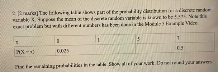Solved 2. [2 marks] The following table shows part of the | Chegg.com
