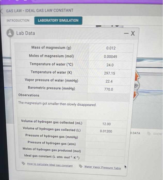 Solved Calculate pressure of hydrogen gas produced in mmhg.