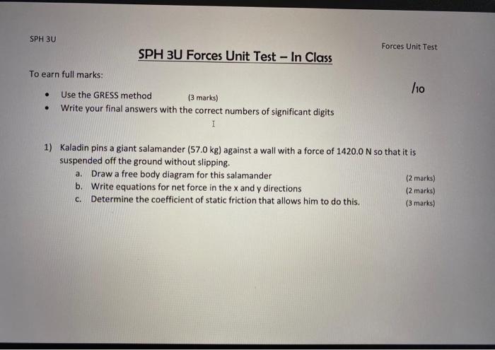 SHU SPH 3U Forces Unit Test - In Class To cam | Chegg.com