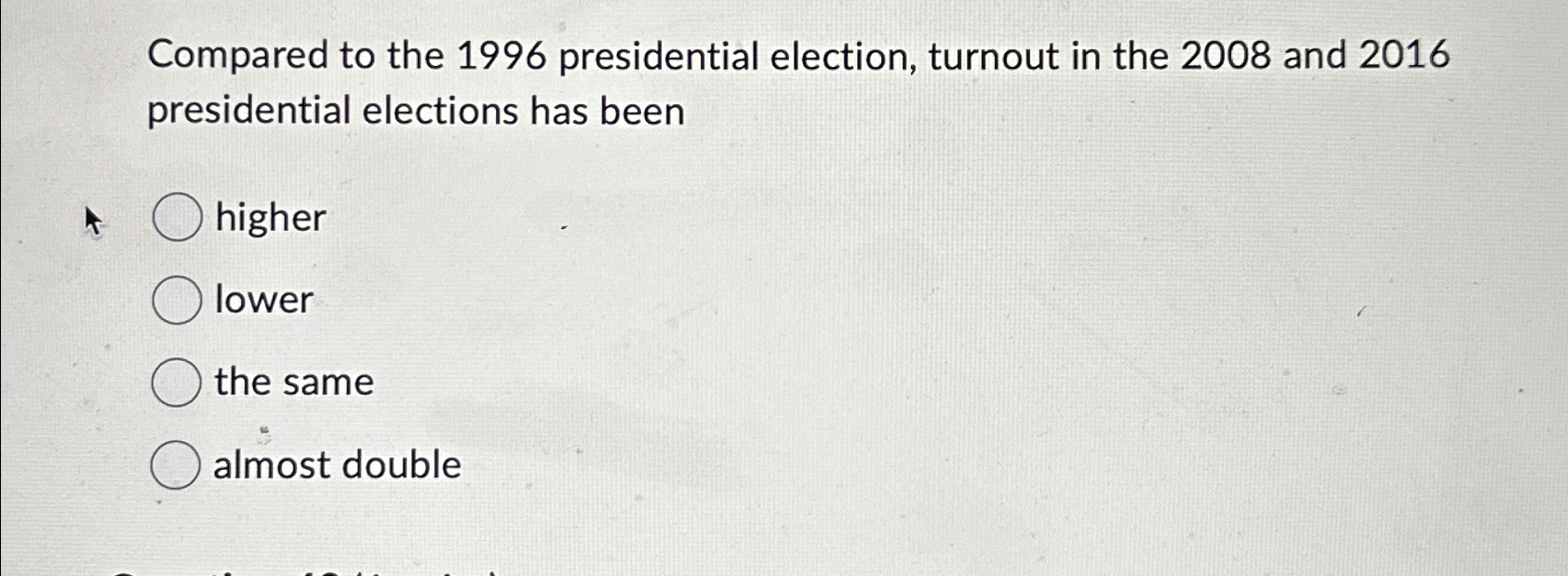 Solved Compared To The 1996 ﻿presidential Election, Turnout | Chegg.com