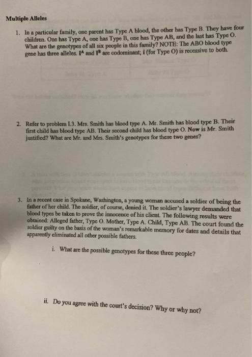 Solved Multiple Alleles 1 In A Particular Family One Pa Chegg Com