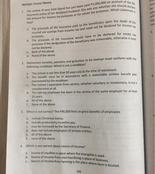 Solved Multiple Choice-Theory Hon be 1. The widow of your | Chegg.com