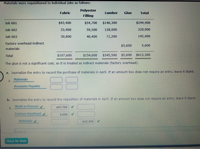 Solved Entries for Materials Kingsford Furnishings Company