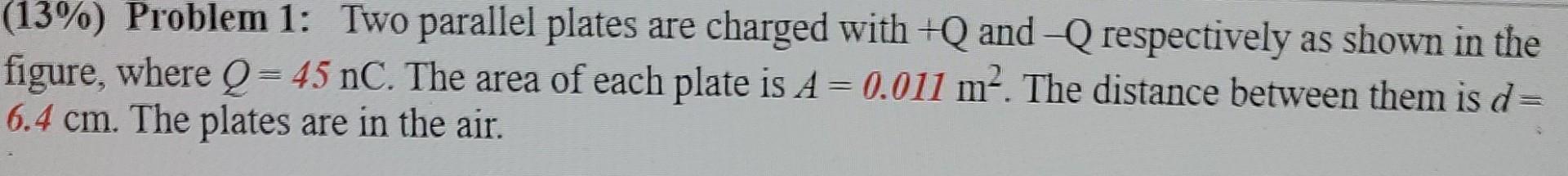 Solved (13%) Problem 1: Two parallel plates are charged with | Chegg.com