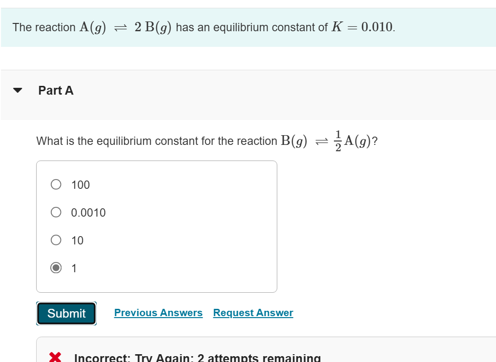 Solved The reaction A(g)⇌2B(g) ﻿has an ﻿equilibrium constant | Chegg.com