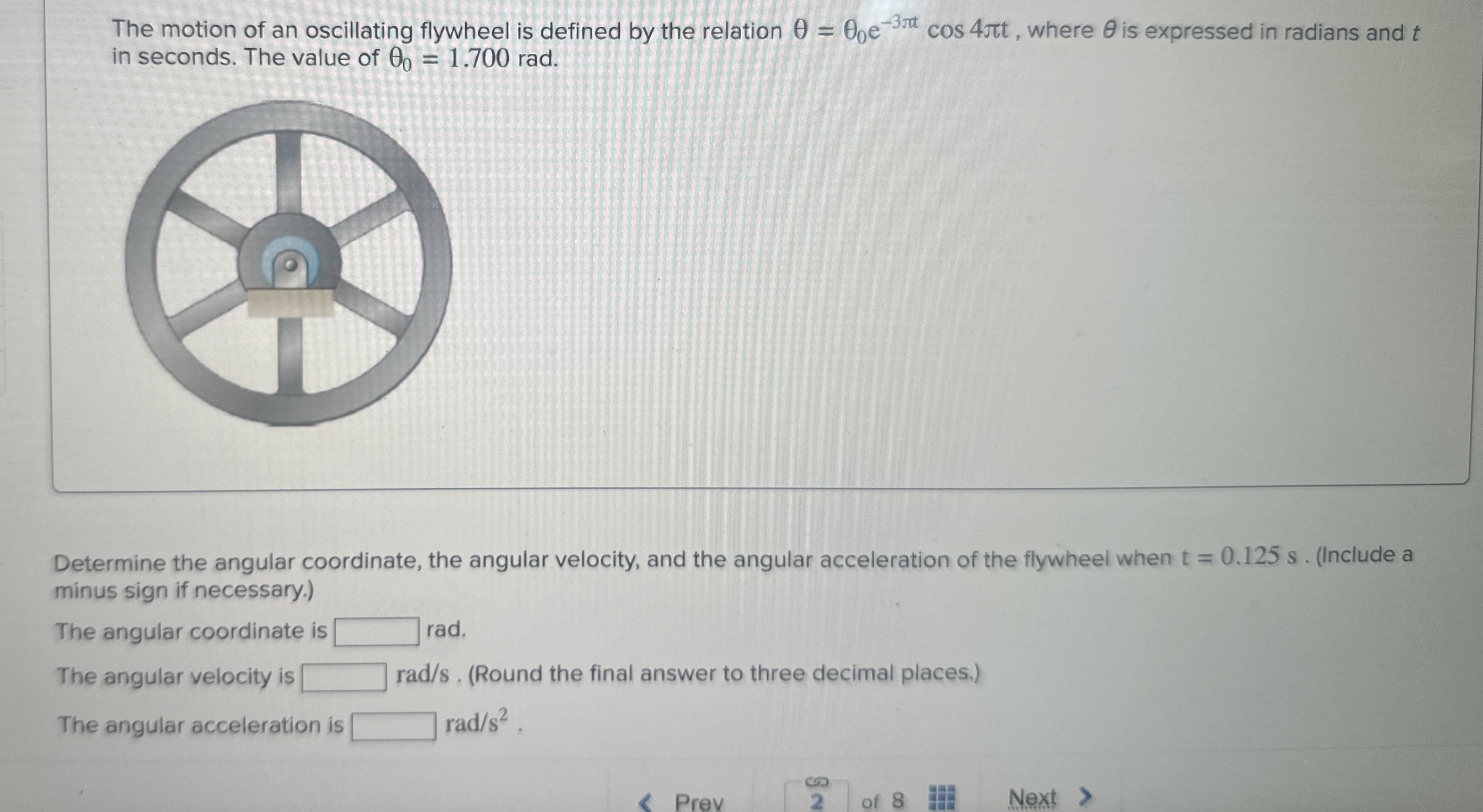 Solved The motion of an oscillating flywheel is defined by | Chegg.com