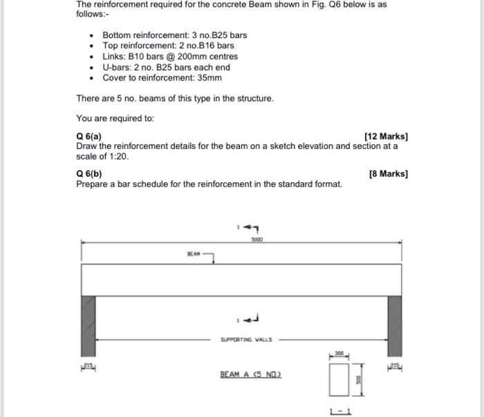 The reinforcement required for the concrete Beam shown in Fig. Q6 below is as follows:-
- Bottom reinforcement: 3 no. B25 bar