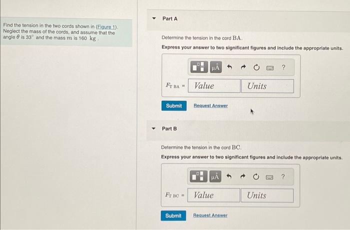 Solved Find the tension in the two cords shown in (Figure | Chegg.com