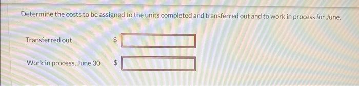 Determine the costs to be assigned to the units completed and transferred out and to work in process for June.
Transferred ou