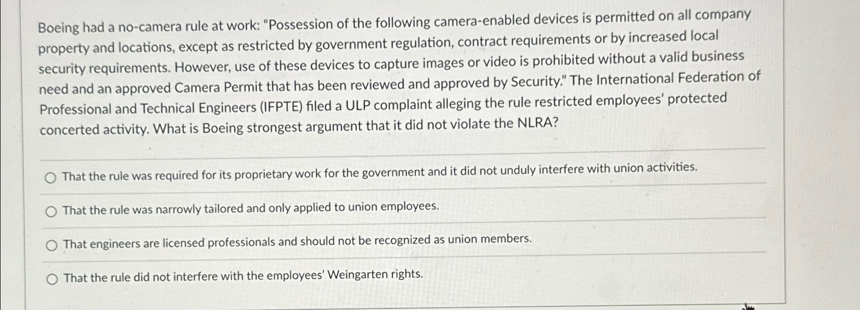 Solved Boeing had a no-camera rule at work: 