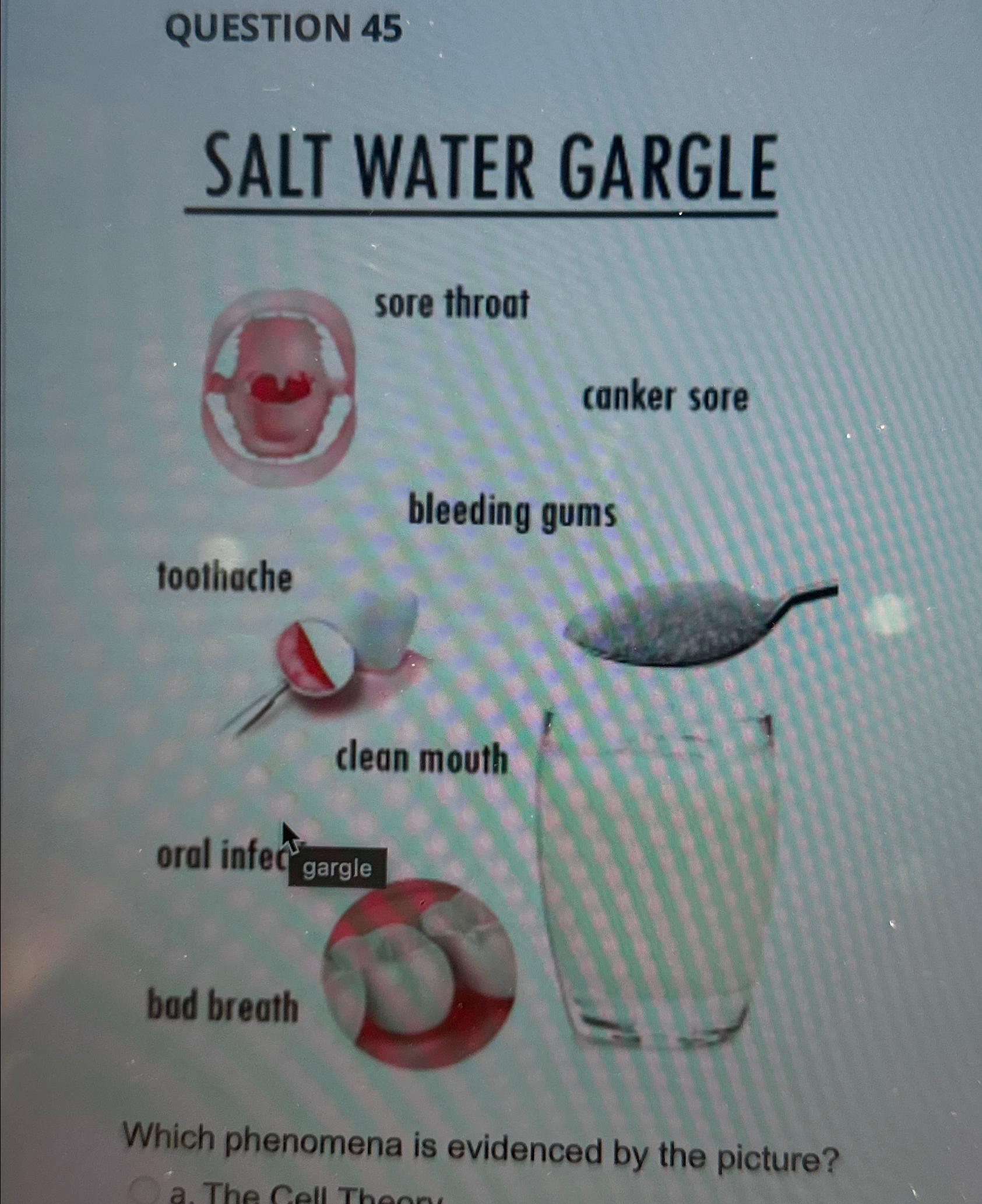 Solved QUESTION 45SALT WATER GARGLEsore throutcanker | Chegg.com