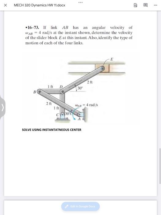 Solved ... MECH 320 Dynamics HW 11.docx a •16-73. If link AB | Chegg.com