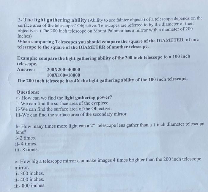 Solved 2 The light gathering ability (Ability to see