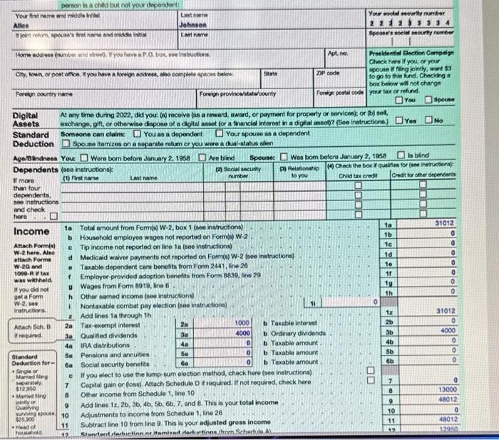 Solved cannyou check if my form 1040 and schedule 1 is | Chegg.com