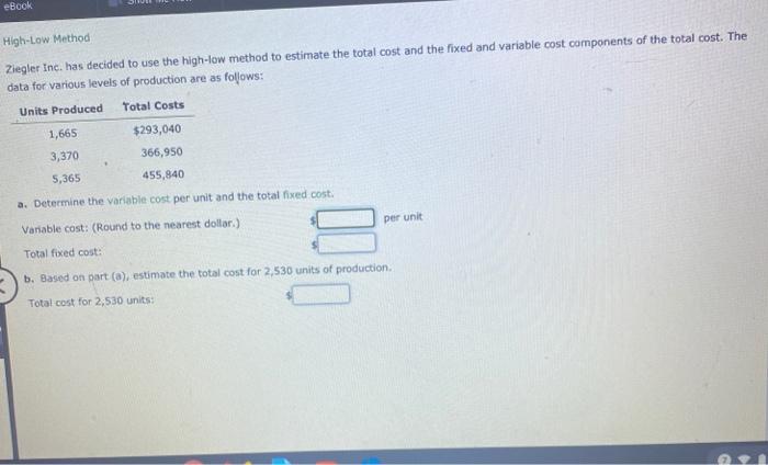 Solved EBook High-Low Method Ziegler Inc. Has Decided To Use | Chegg.com