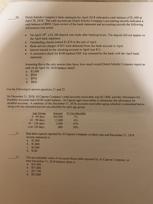 Solved 20 Dutch Schultz Company S Bank Statement For Apr