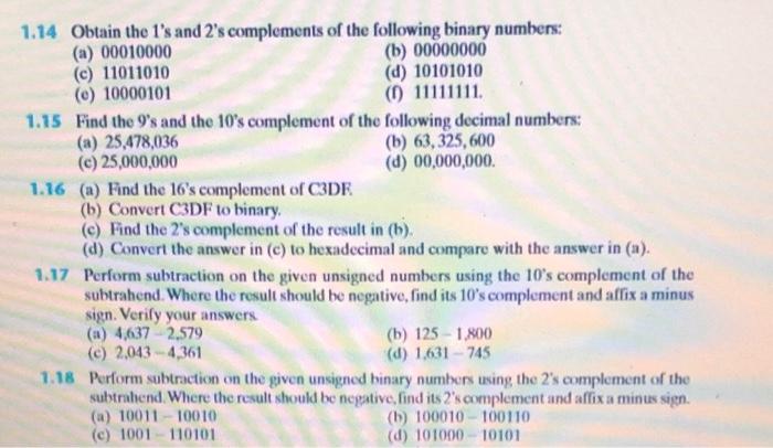 Solved 1 14 Obtain The L S And 2 S Complements Of The