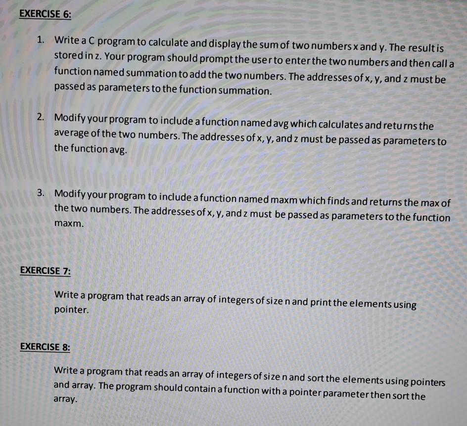 Solved EXERCISE 6: 1. Write a C program to calculate and | Chegg.com