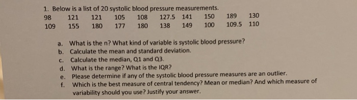 Solved 1 Below Is A List Of Systolic Blood Pressure M Chegg Com