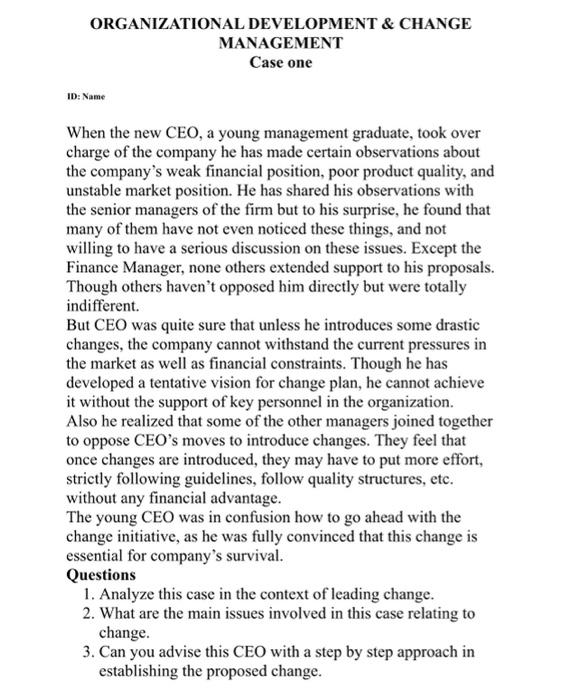 Solved ORGANIZATIONAL DEVELOPMENT & CHANGE MANAGEMENT Case | Chegg.com
