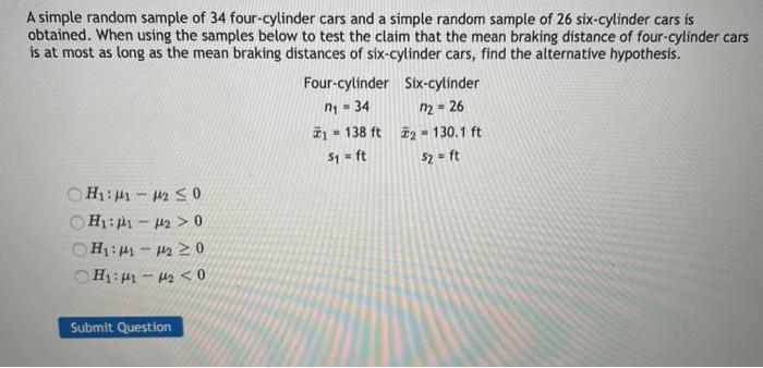 Solved A simple random sample of 34 four-cylinder cars and a | Chegg.com