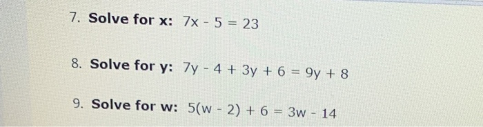 Solved 7 Solve For X 7x 5 23 8 Solve For Y 7y 4