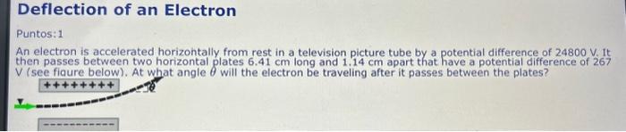 Deflection of an Electron Puntos: 1 An electron is accelerated horizontally from rest in a television picture tube by a poten