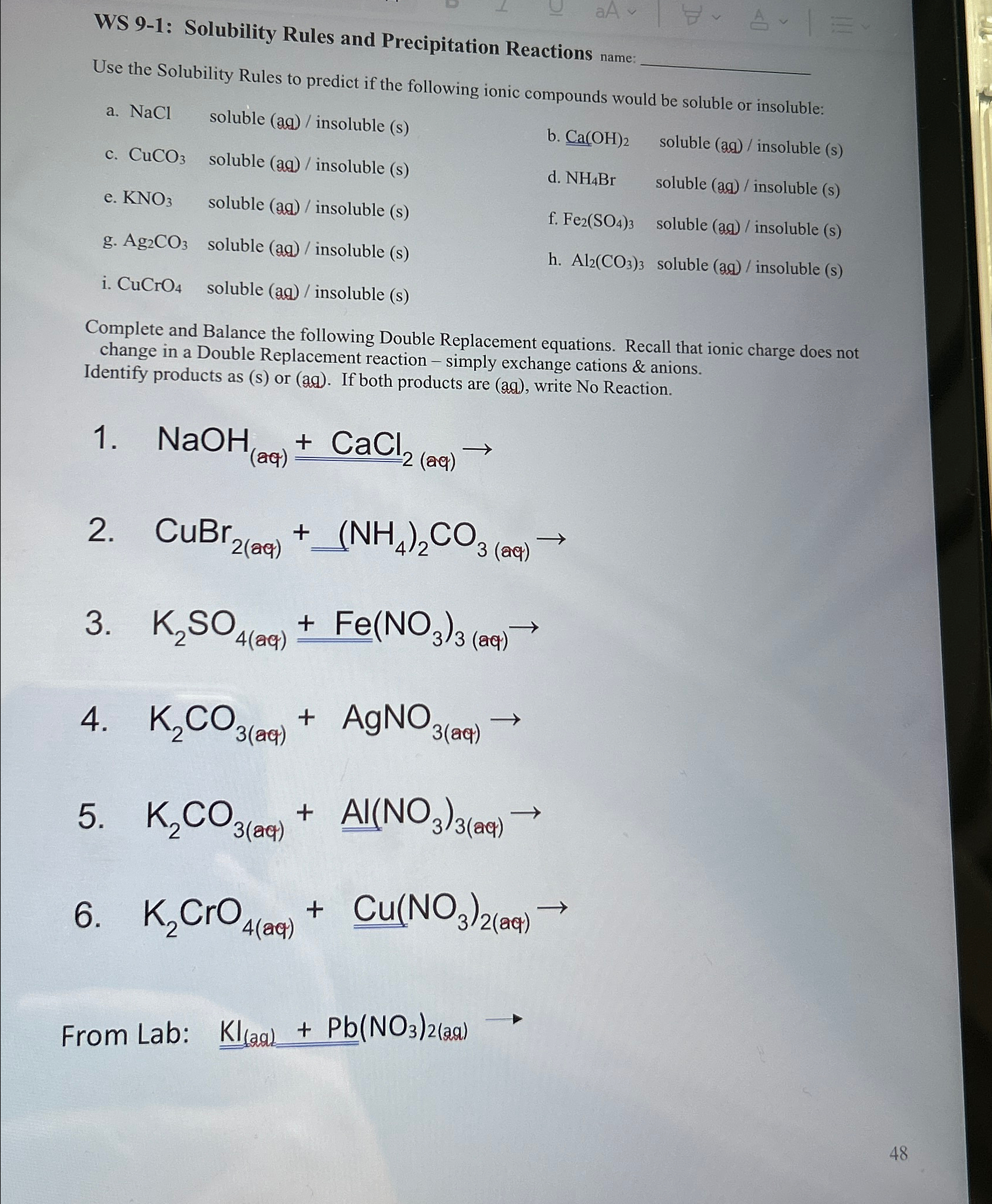 Solved WS 9-1: Solubility Rules and Precipitation Reactions | Chegg.com