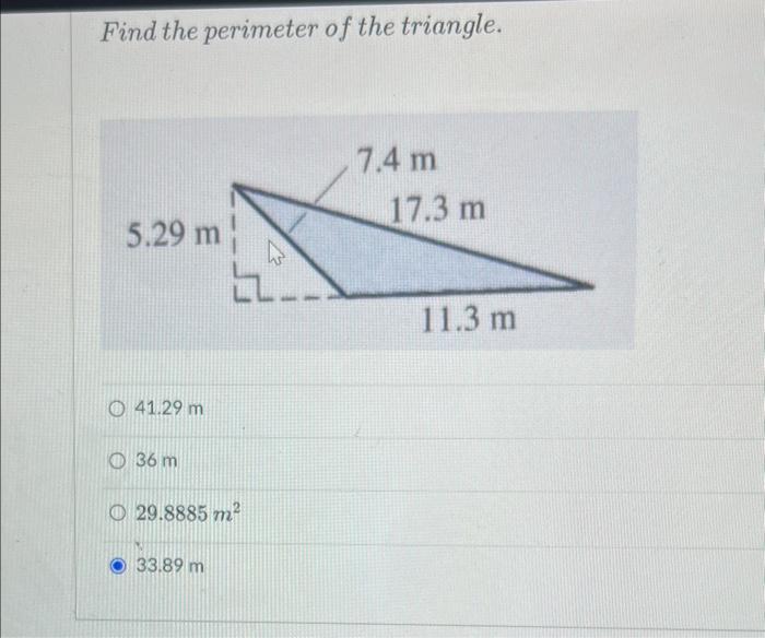 Solved Find the perimeter of the triangle. 41.29 m 36 m | Chegg.com