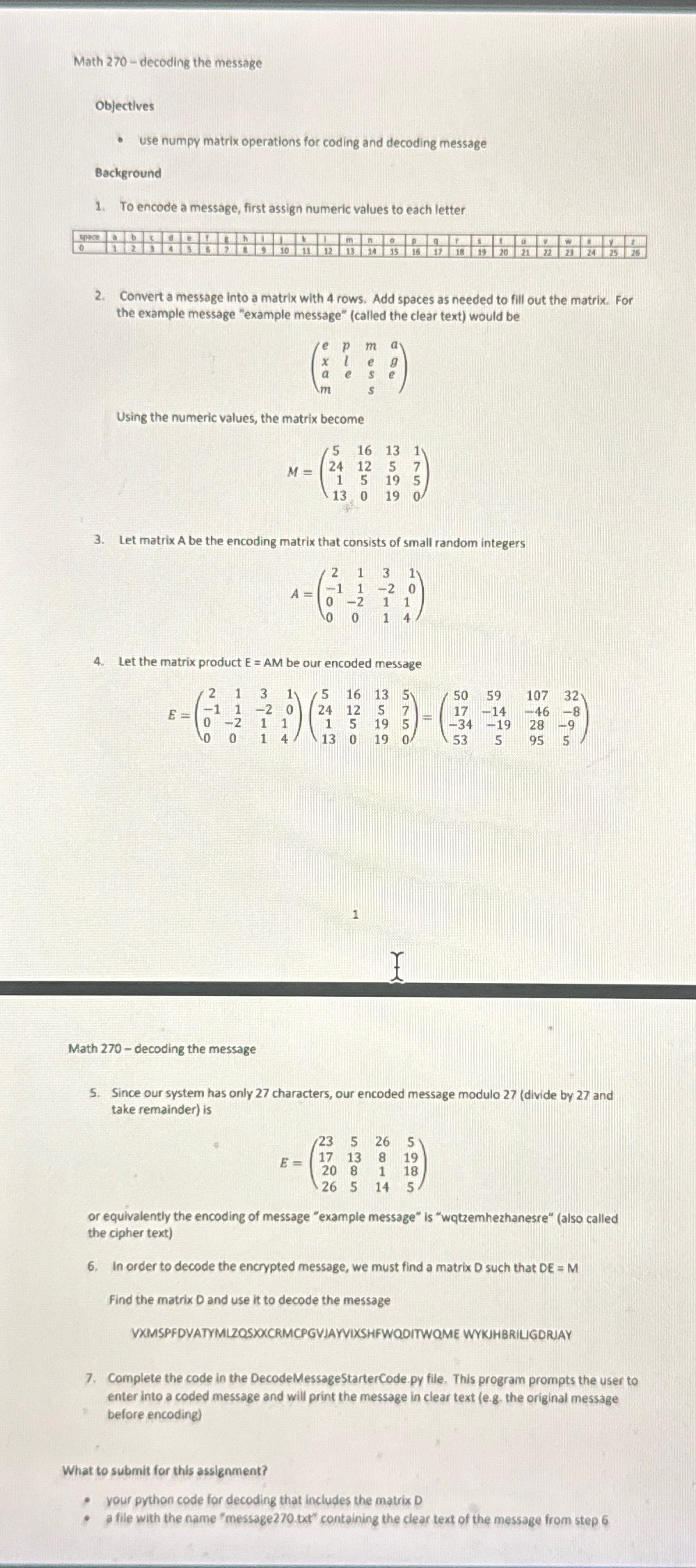 Solved Help me Decrypt the message:Math 270 - ﻿decoding the | Chegg.com