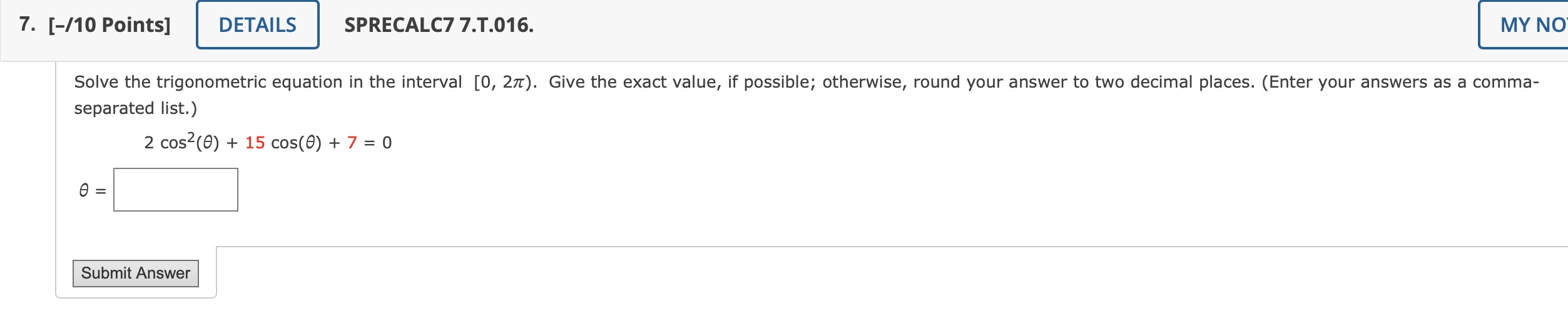 Solved [-/10 ﻿Points]SPRECALC7 7.T.016. ﻿separated | Chegg.com
