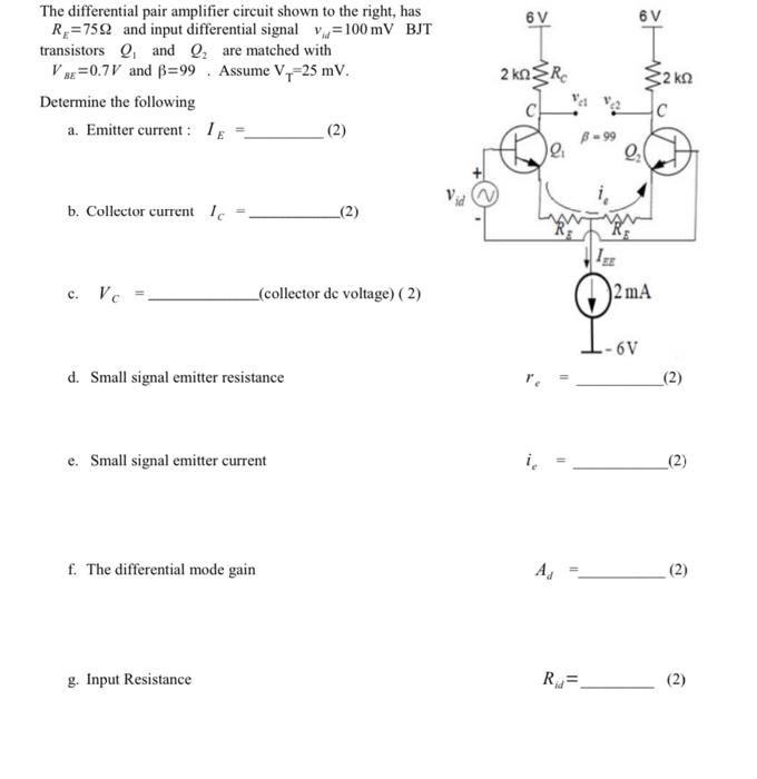 Solved The differential pair amplifier circuit shown to the | Chegg.com