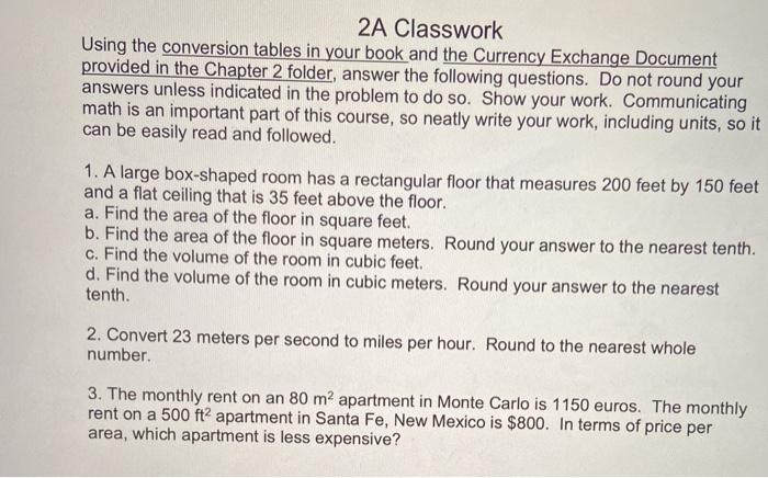 Solved 2a Classwork Using The Conversion Tables In Your Book 5448