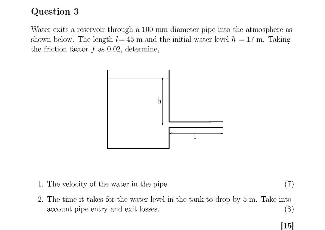 Solved Question 3 Water exits a reservoir through a 100 mm | Chegg.com