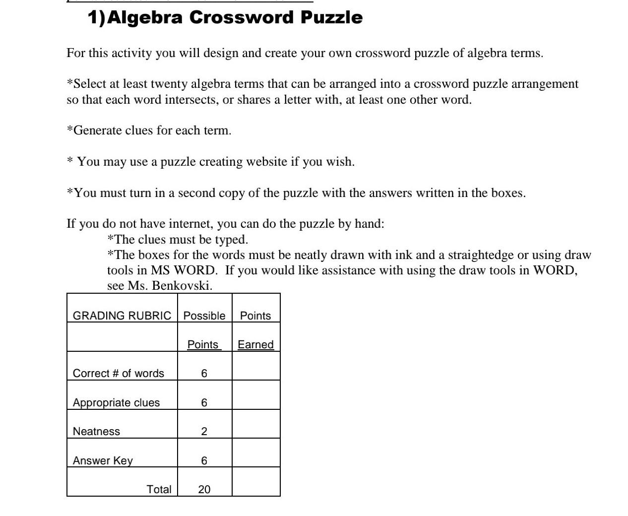 algebra crossword puzzle