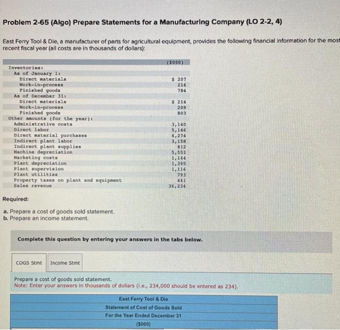 Problem 2-65 (Algo) prepare statements for a | Chegg.com