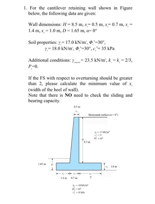 Solved 1. For the cantilever retaining wall shown in Figure | Chegg.com