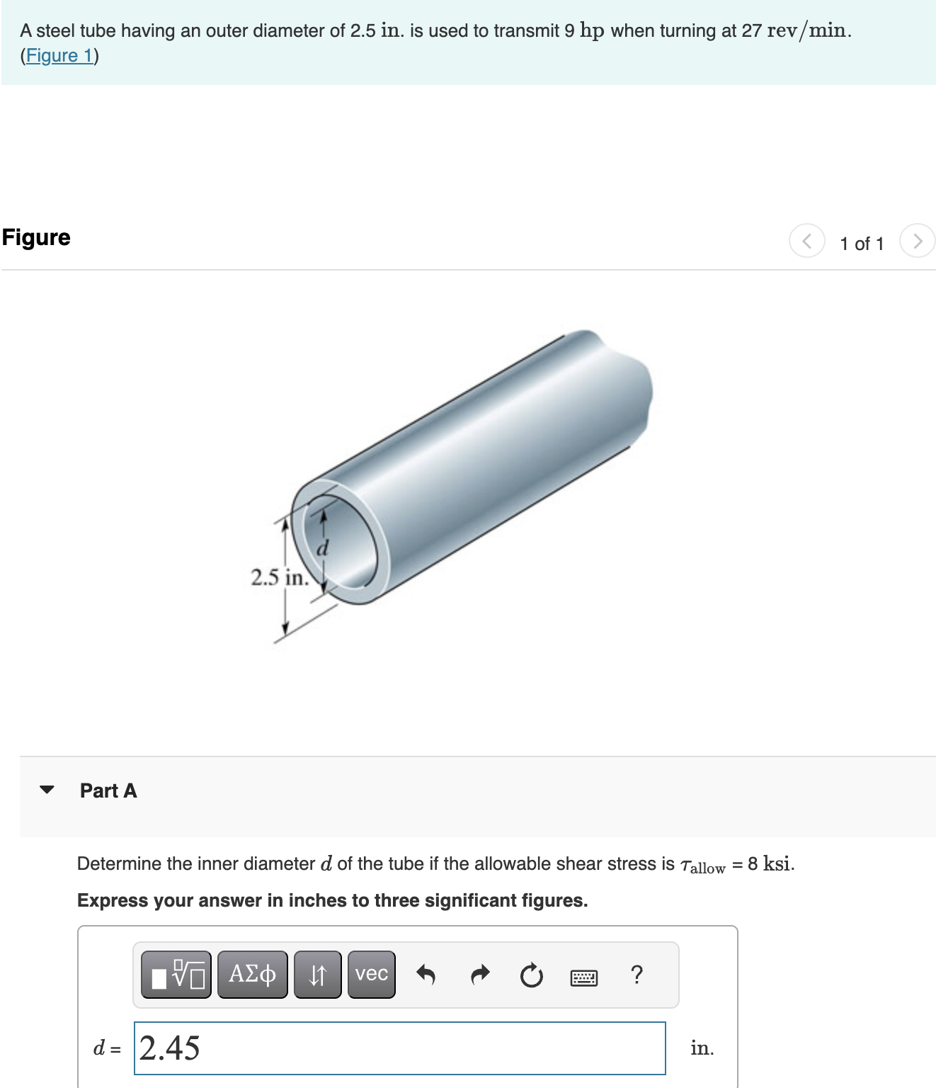 Solved A steel tube having an ﻿outer diameter of 2.5 in . is | Chegg.com