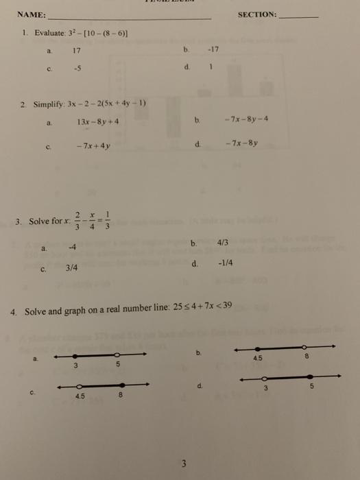 Solved NAME: SECTION: 1. Evaluate: 32 - [10 -(8-6)] 17 b -17 | Chegg.com