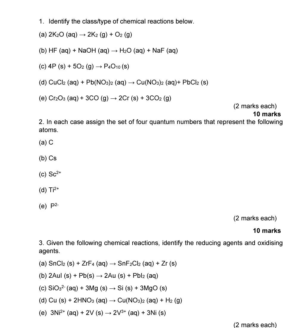 Solved 1. Identify the class/type of chemical reactions | Chegg.com