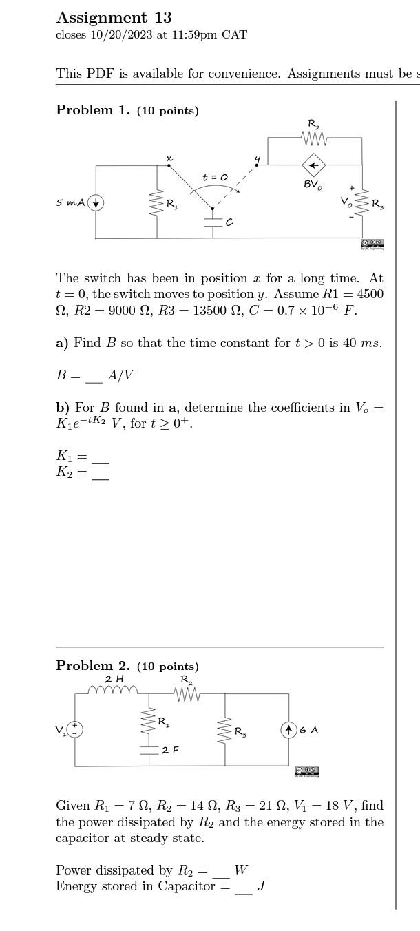 Solved Problem 1 The switch has been in position x for a | Chegg.com