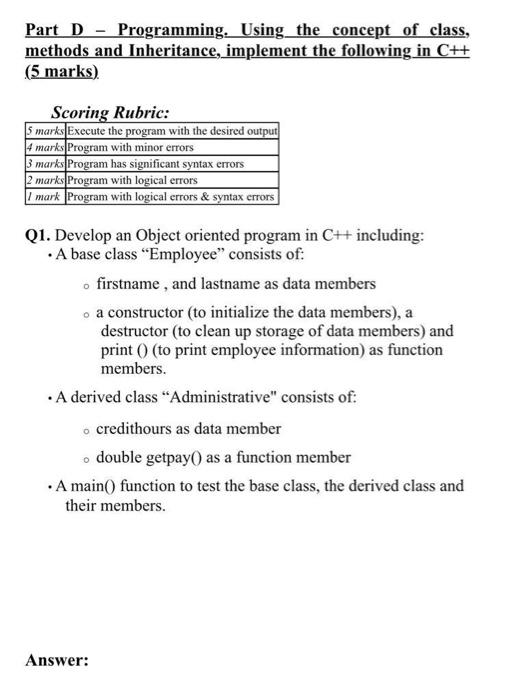 Solved Part D - Programming. Using the concept of class, | Chegg.com