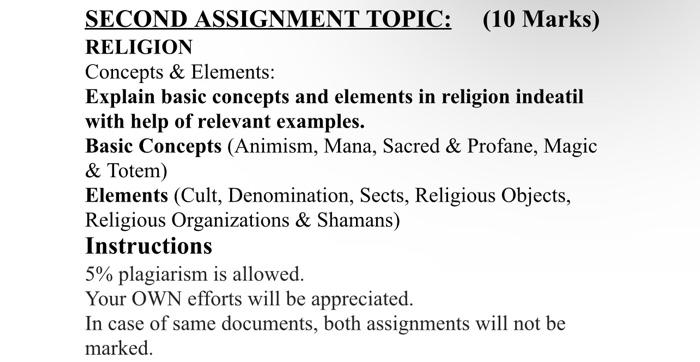 SECOND ASSIGNMENT TOPIC: (10 Marks) RELIGION Concepts 